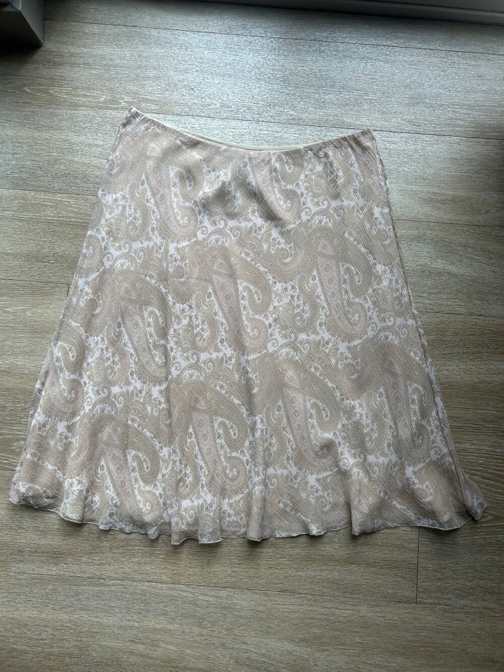 VTG Lauren Ralph Lauren 100%Silk Paisley Skirt Midi Lined Beige Tan Cream luxury
